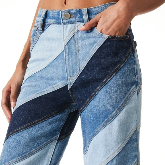 Alice + Olivia Beautiful High Rise Wide Leg Jeans - Indigo Twirl Patchwork Sz 26 - Picture 3 of 11